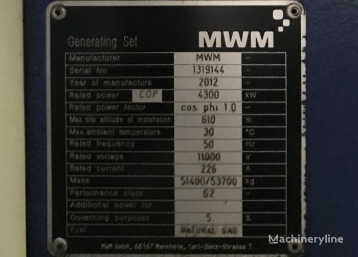 Deutz MWM TCG2032V16 gas genset 4300 kW 50 Hz 10500V gas generator